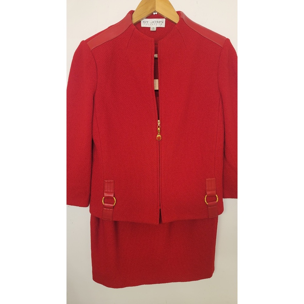 St John Collection Skirt Suit Size 4 Two Piece Set Red Knit Leather* Gold Accent